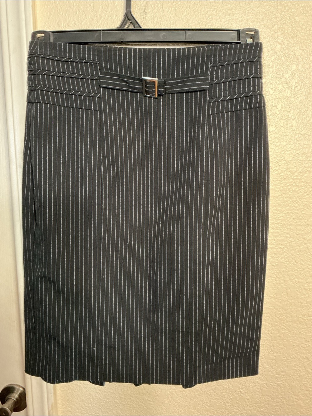 XOXO Black Pinstripe Pencil Skirt with Belt Accent